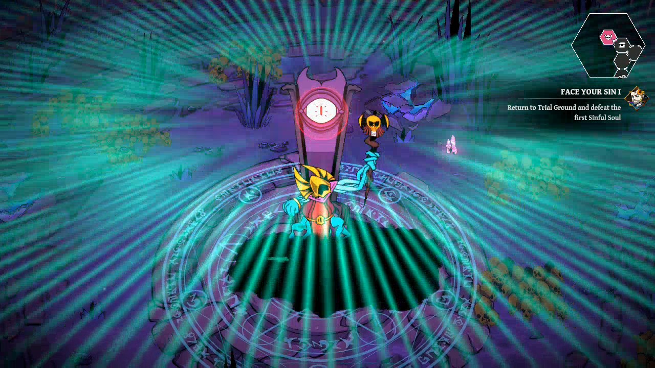 A video game scene showing a stylized character standing on a glowing circular platform in a purple fantasy environment with bright teal rays, UI text at the top right, and a large dark rectangular overlay obscuring the center.