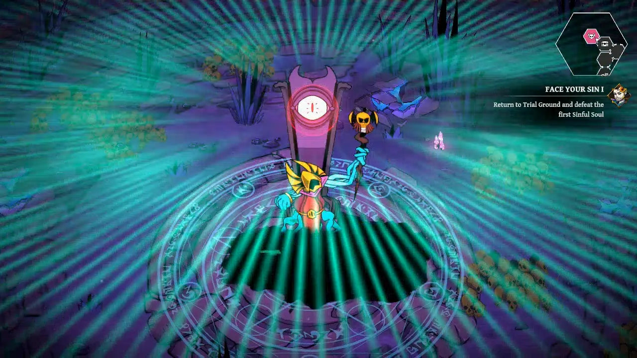 A video game scene showing a stylized character standing on a glowing circular platform in a purple fantasy environment with bright teal rays, UI text at the top right, and a large dark rectangular overlay obscuring the center.