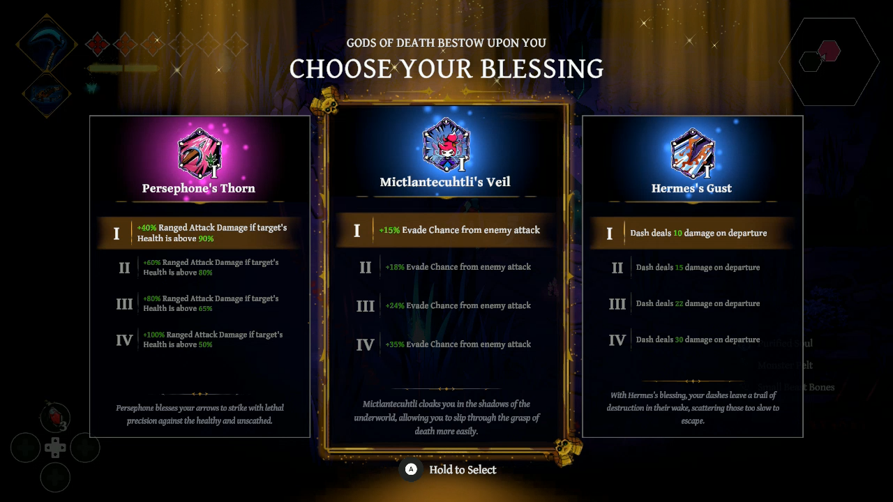 A digital game interface screen showing three blessing options under the heading 'CHOOSE YOUR BLESSING'. The options are 'Persphere's Thorn', 'Mictleantaculi's Veil', and 'Hermes' Gust', each with a gold-bordered card, a 1-4 damage reduction effect, and a corresponding gold icon.