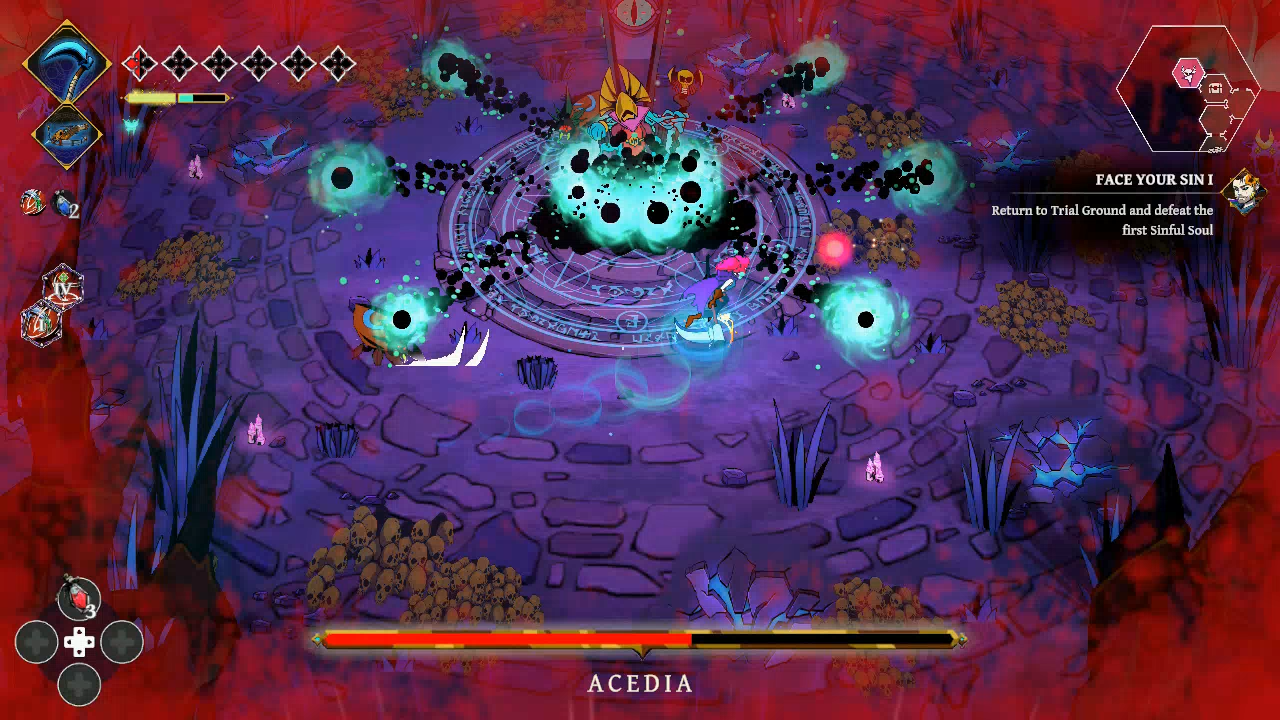 A top-down action game scene showing a character standing in a circular arena surrounded by glowing blue-green energy effects, dark floating orbs, and a purple stone floor. The interface includes health bars, icons, and the word ACDIA at the bottom.