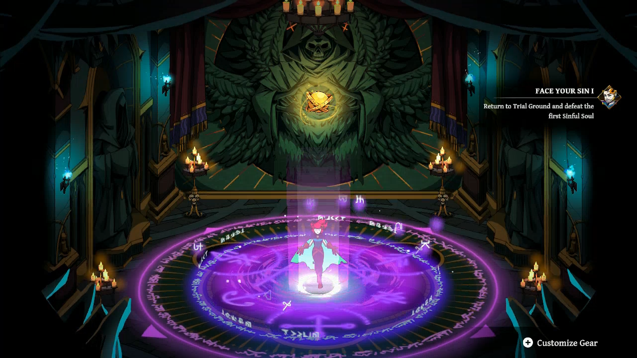 A digital game interface screenshot showing a character standing on a glowing purple circular ritual platform inside a dark, ornate hall with red curtains, candles, and a large winged skull-like figure in the background. Text on the right reads 'FACE YOUR SIN 1' with a small character icon, and a 'Customize Gear' button appears at the bottom right.