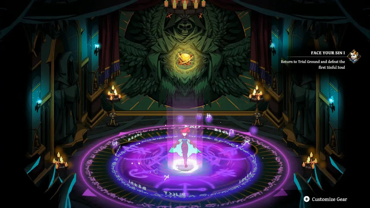 A digital game interface screenshot showing a character standing on a glowing purple circular ritual platform inside a dark, ornate hall with red curtains, candles, and a large winged skull-like figure in the background. Text on the right reads 'FACE YOUR SIN 1' with a small character icon, and a 'Customize Gear' button appears at the bottom right.