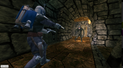 Character in a dark, stone dungeon with another character in the background