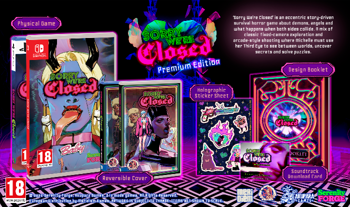 Promotional product graphic for the video game Sorry We're Closed Premium Edition, showing the game box, reversible cover, sticker sheet, design booklet, download code card, and soundtrack card on a neon purple background with product descriptions and platform logos.
