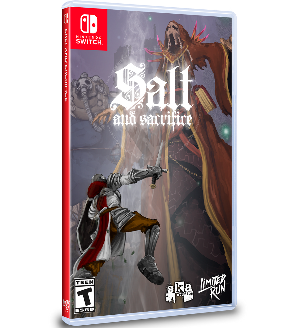 Game box for 'Salt and Sacrifice' on Nintendo Switch with artwork of a character and a creature.