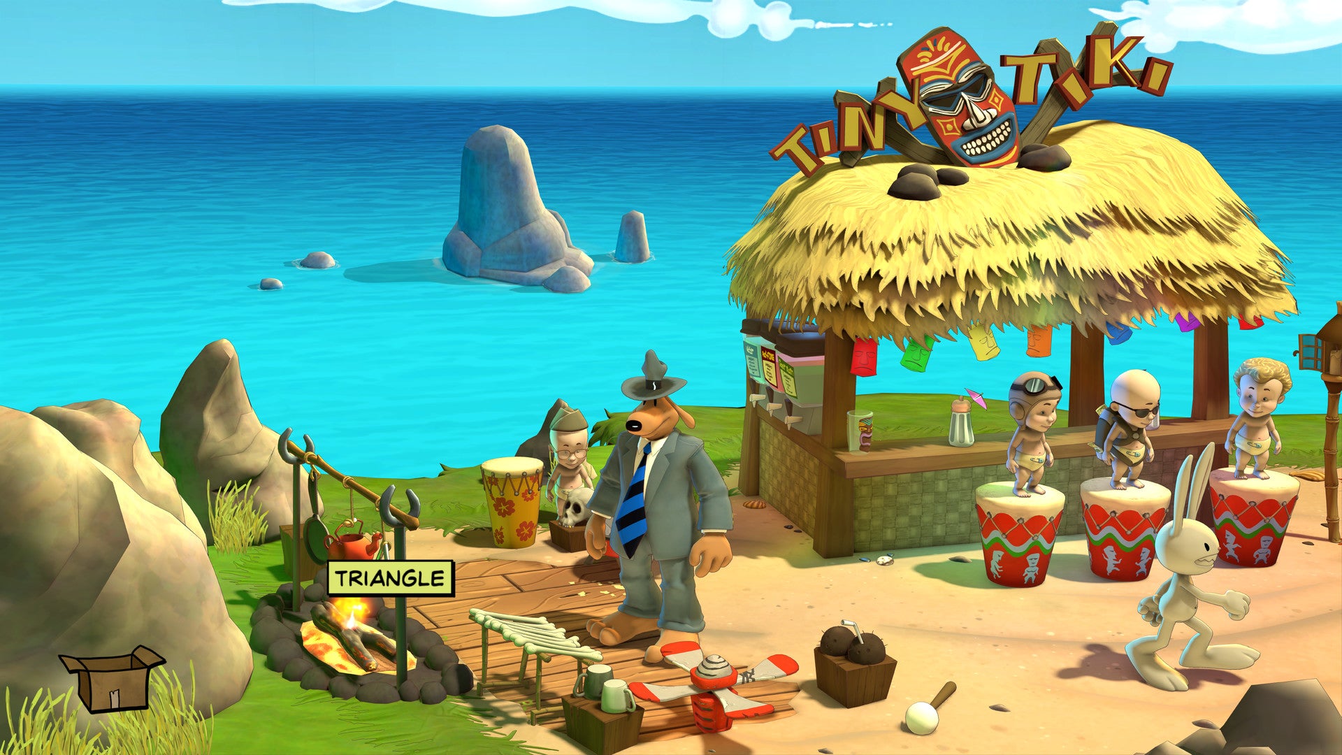 Sandbox game scene with a character in a suit standing near a tropical hut and drums on a beach.