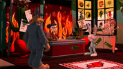 Animated scene with characters in a room with flames and various objects.