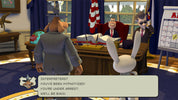 Animated scene with characters in a room with a desk and flags, featuring text indicating hypnosis and arrest.