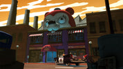 Cartoon bear character with goggles on a city street with buildings and cars.