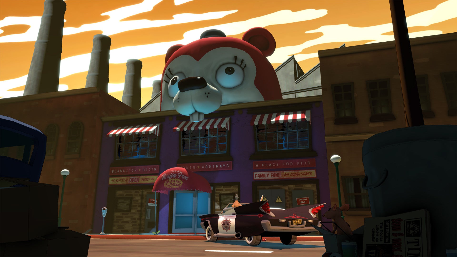 Cartoon bear character with goggles on a city street with buildings and cars.