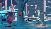 Animated scene with characters in a futuristic setting, featuring a rabbit-like creature and a raccoon-like creature.