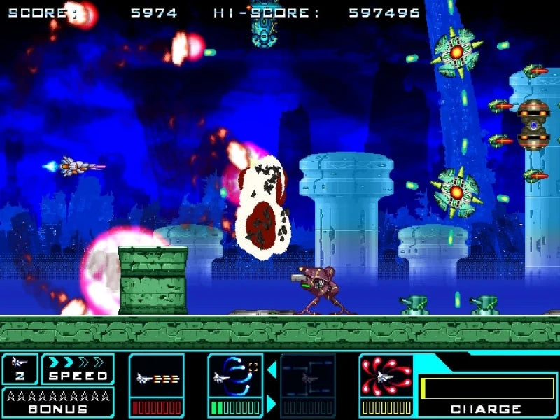 A retro 2D video game scene with a side-scrolling platformer in a neon blue futuristic environment. A white-and-black floating creature is centered, with a small brown humanoid character below it, multiple star-like projectiles, score and high-score text at the top, and a status bar with speed, bonus, and charge indicators along the bottom.