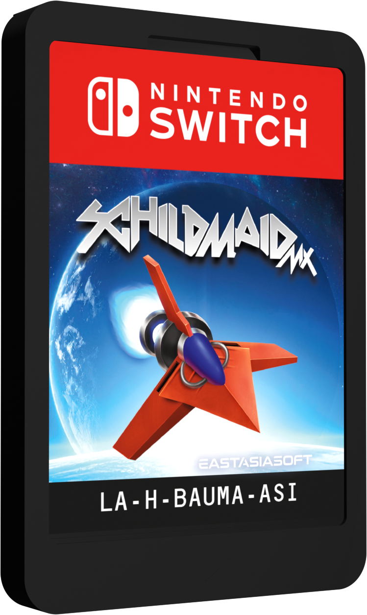 Nintendo Switch game case with 'Schildmaid' cover featuring a red spaceship.