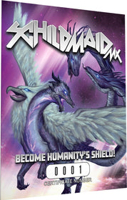 Cover of 'Schildmaid MX' with dragons and promotional text on a purple background