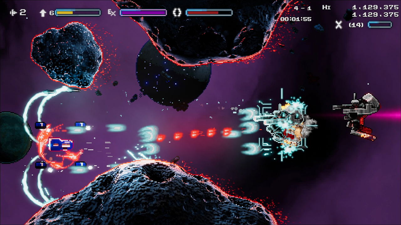 Space battle scene with spaceships and asteroids in a video game