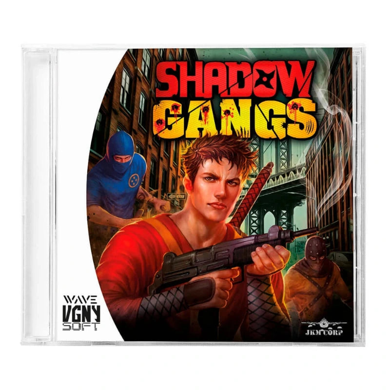 A CD case for the video game Shadow Gangs, featuring illustrated cover art with a man holding a rifle in front of a city street scene, plus the Wave VGNY Soft and Juxtapor logos.