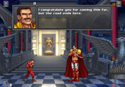 A retro pixel-art video game scene showing a victorious armored figure in red and gold standing in a grand hall, facing an opponent in red. A dialogue box at the top shows a portrait of a man with a mustache saying, 'I congratulate you for coming this far, but the road ends here.
