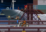 Video game scene with a character on a motorcycle and another character on a bridge at night.
