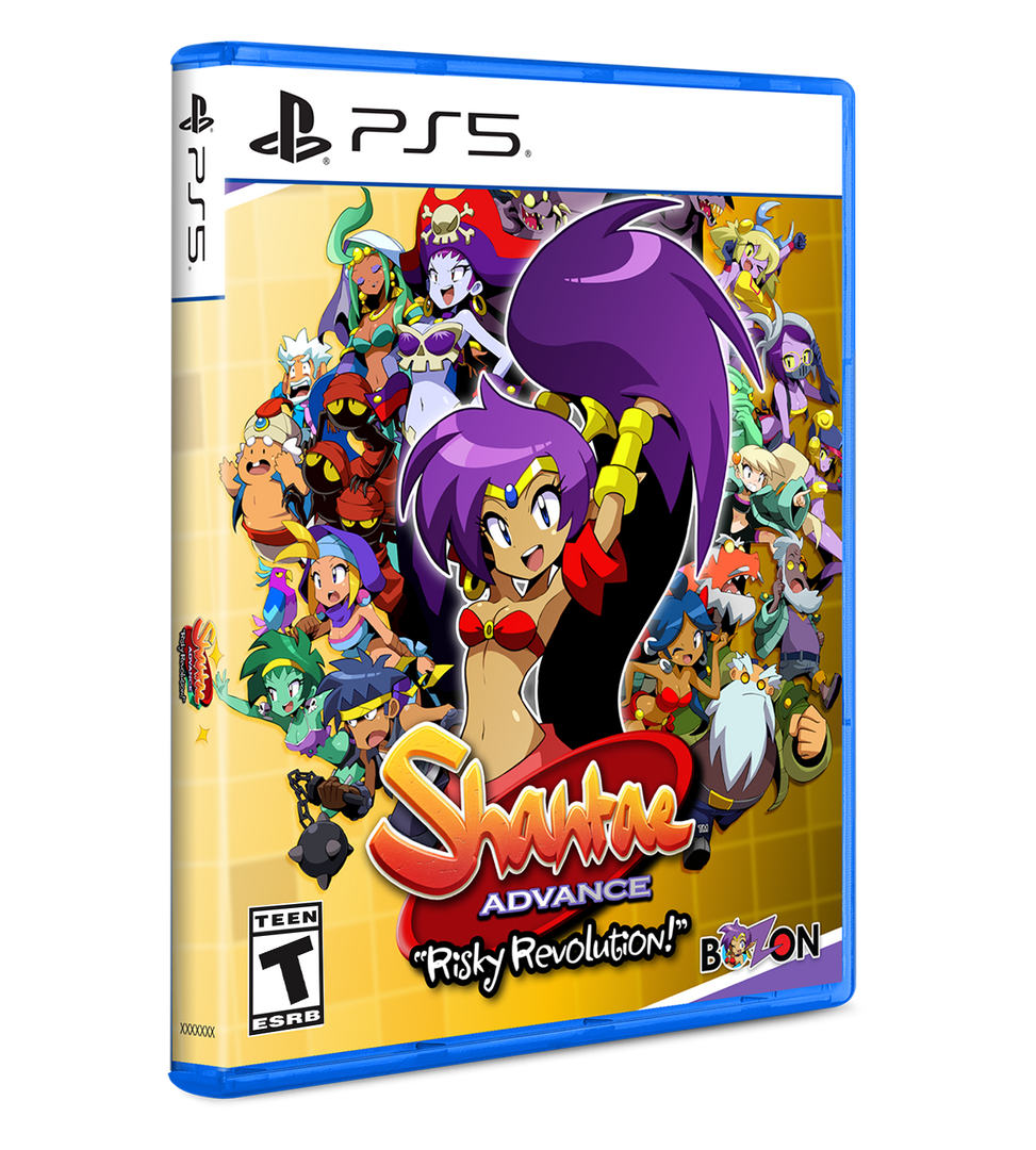 Shantae Advance: Risky Revolution game case for PS5 with colorful characters on a white background