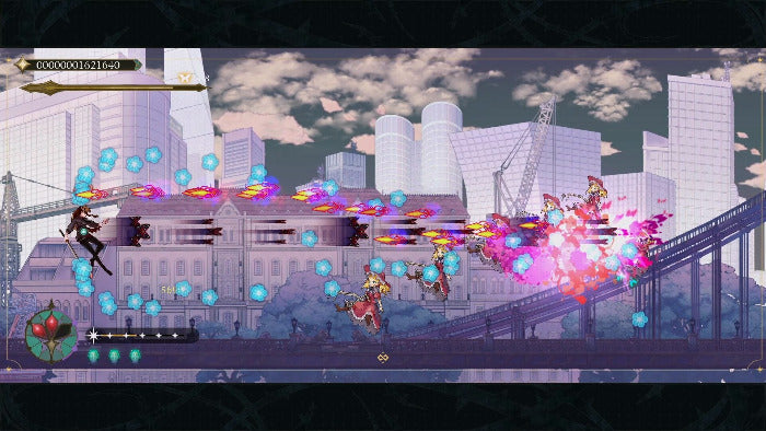 A side-scrolling video game scene showing a character fighting enemies with colorful blue and pink energy effects against a stylized cityscape background.
