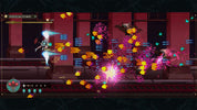 Side-scrolling video game scene with a character jumping in a dark red corridor while shooting yellow and blue projectiles, surrounded by pink and orange explosions and floating shapes.