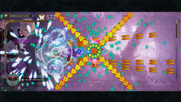 Screenshot of a colorful game interface with character and enemy graphics on a purple background.