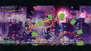 A colorful screenshot from a side-scrolling action game showing a character fighting through neon obstacles, explosions, and floating green square items against a purple cityscape background.