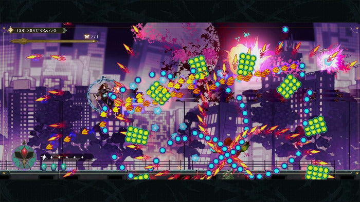 A colorful screenshot from a side-scrolling action game showing a character fighting through neon obstacles, explosions, and floating green square items against a purple cityscape background.