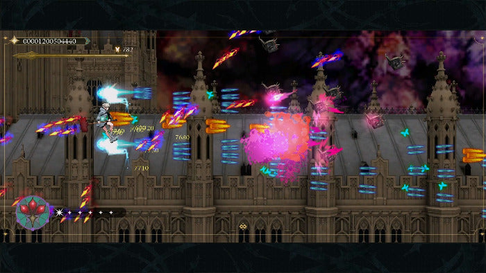 Video game screen with colorful explosions and damage numbers over a castle-like structure.