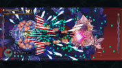 A screenshot from a Japanese visual game, showing a complex barrage system with red and white striped projectiles, glowing green star effects, and a pink floral character on the right against a dark purple background.