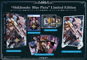 Shikhondo: Blue Pieta Limited Edition PS5 game package set displayed on a dark decorative background, including the physical game box, PS5 game case, original soundtrack CD, acrylic stand, and a set of illustrated art cards.