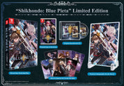Nintendo Switch game box set for Shikhondo: Blue Pieta Limited Edition, featuring a physical illustrated box, game case, original soundtrack CD, acrylic stand, and a set of illustrated cards on a dark decorative background.