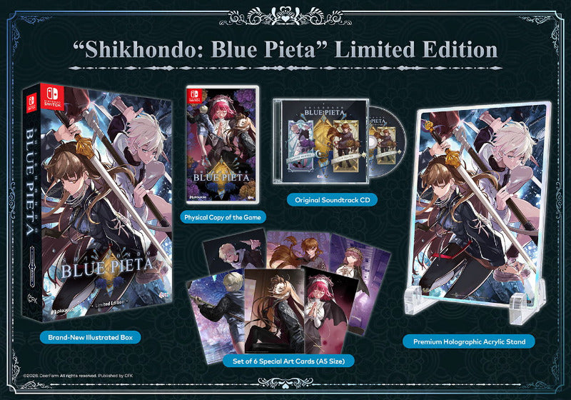 Nintendo Switch game box set for Shikhondo: Blue Pieta Limited Edition, featuring a physical illustrated box, game case, original soundtrack CD, acrylic stand, and a set of illustrated cards on a dark decorative background.