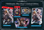 Shikhondo: Blue Pieta Limited Edition game package set displayed on a dark decorative background, including a brand-new illustrated box, physical copy of the game, original soundtrack CD, cards, and a premium holographic acrylic stand.