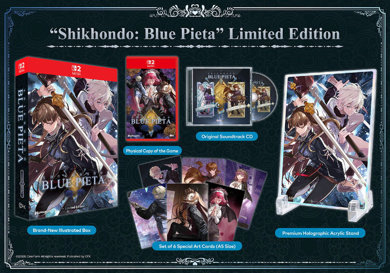 Shikhondo: Blue Pieta Limited Edition game package set displayed on a dark decorative background, including a brand-new illustrated box, physical copy of the game, original soundtrack CD, cards, and a premium holographic acrylic stand.