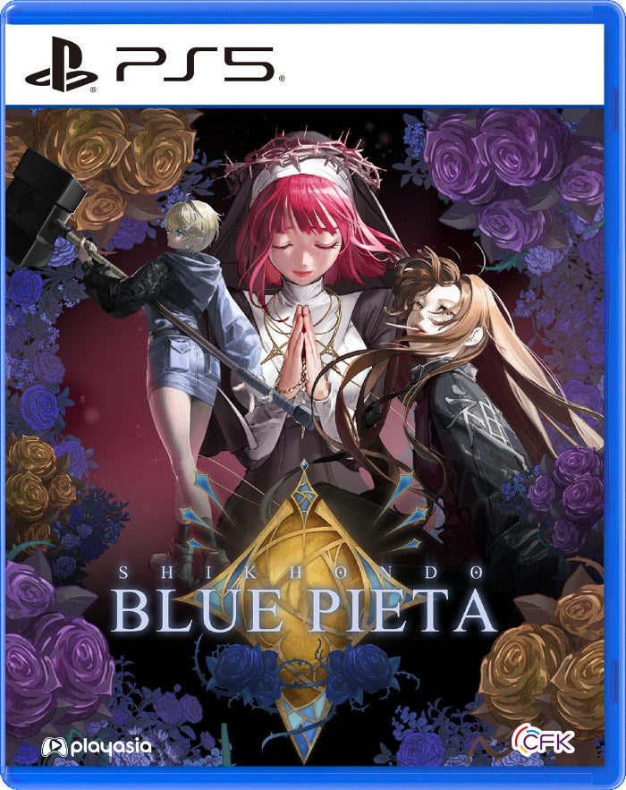 Shirkondo Blue Pieta for PlayStation 5 (PS5) game cover, featuring anime-style characters surrounded by purple and gold roses, with PlayStation and Playasia logos visible.