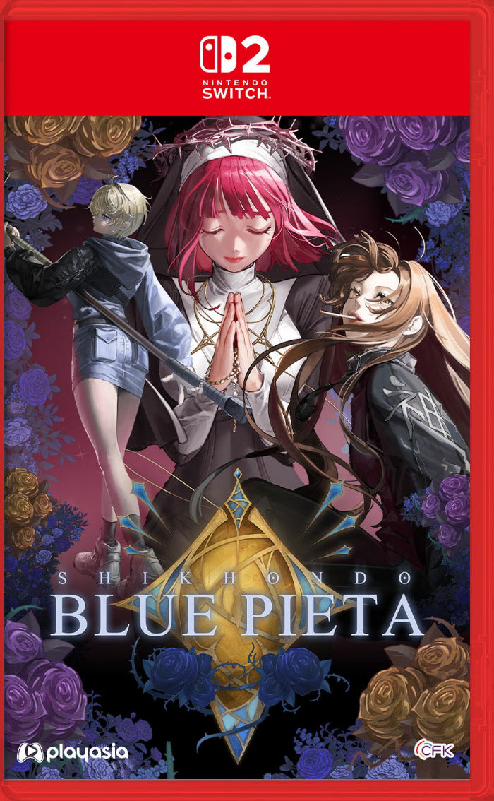 Nintendo Switch game case cover for Shikimori's Blue Pieta, featuring anime-style artwork of three characters surrounded by purple and gold roses, with the Nintendo Switch logo at the top and Playasia and G2K logos at the bottom.