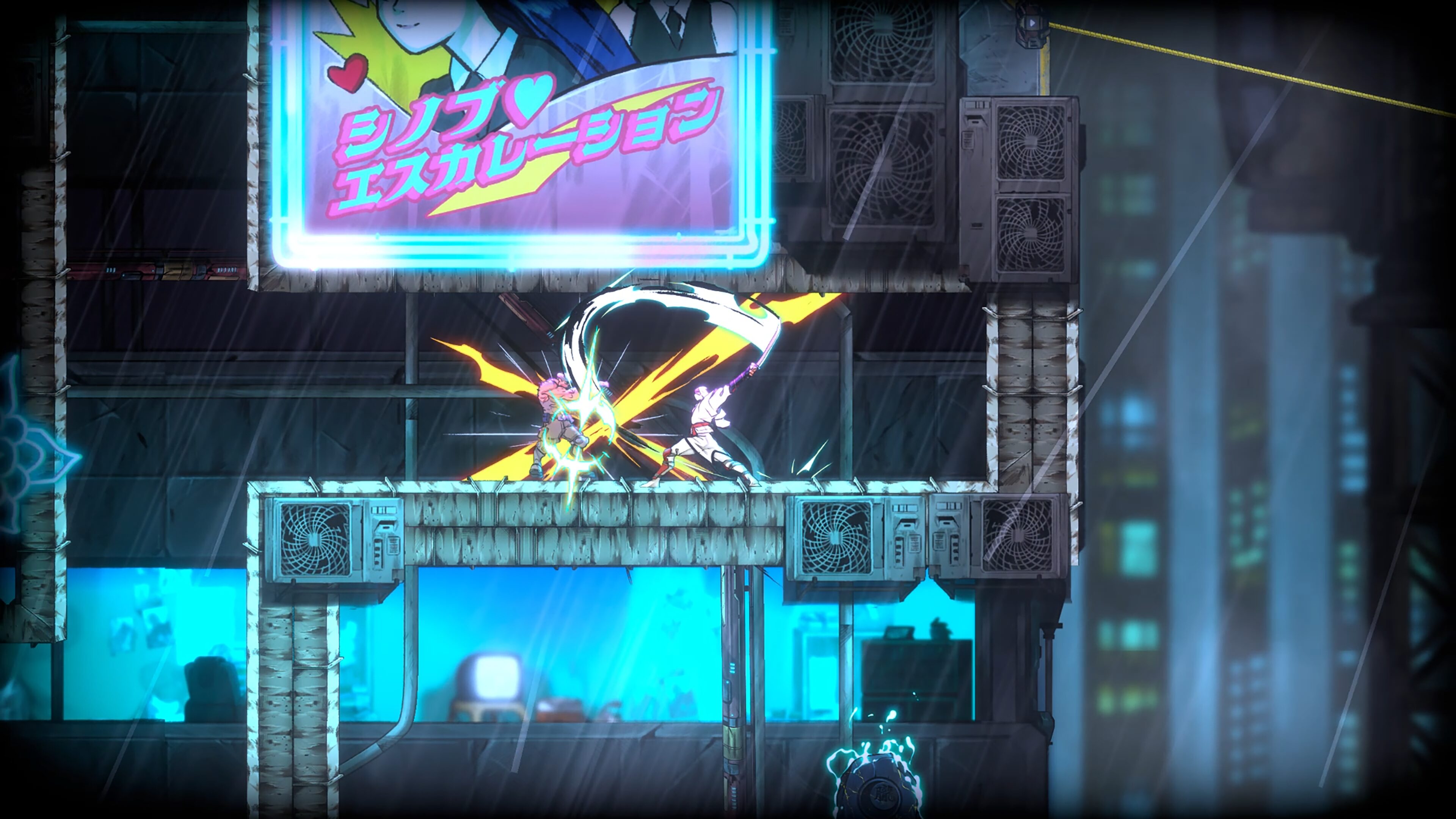 Pixel art scene with a character on a stage in a dark, urban setting