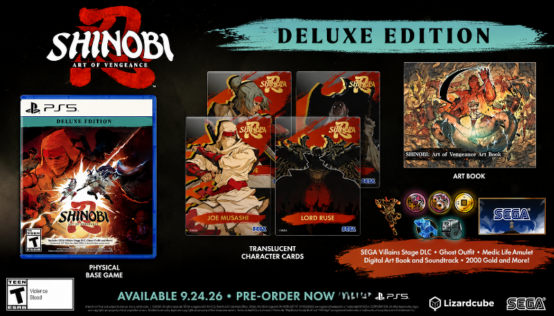 Shinobi Deluxe Edition packaging with game cases, art book, and collectibles on a black background.
