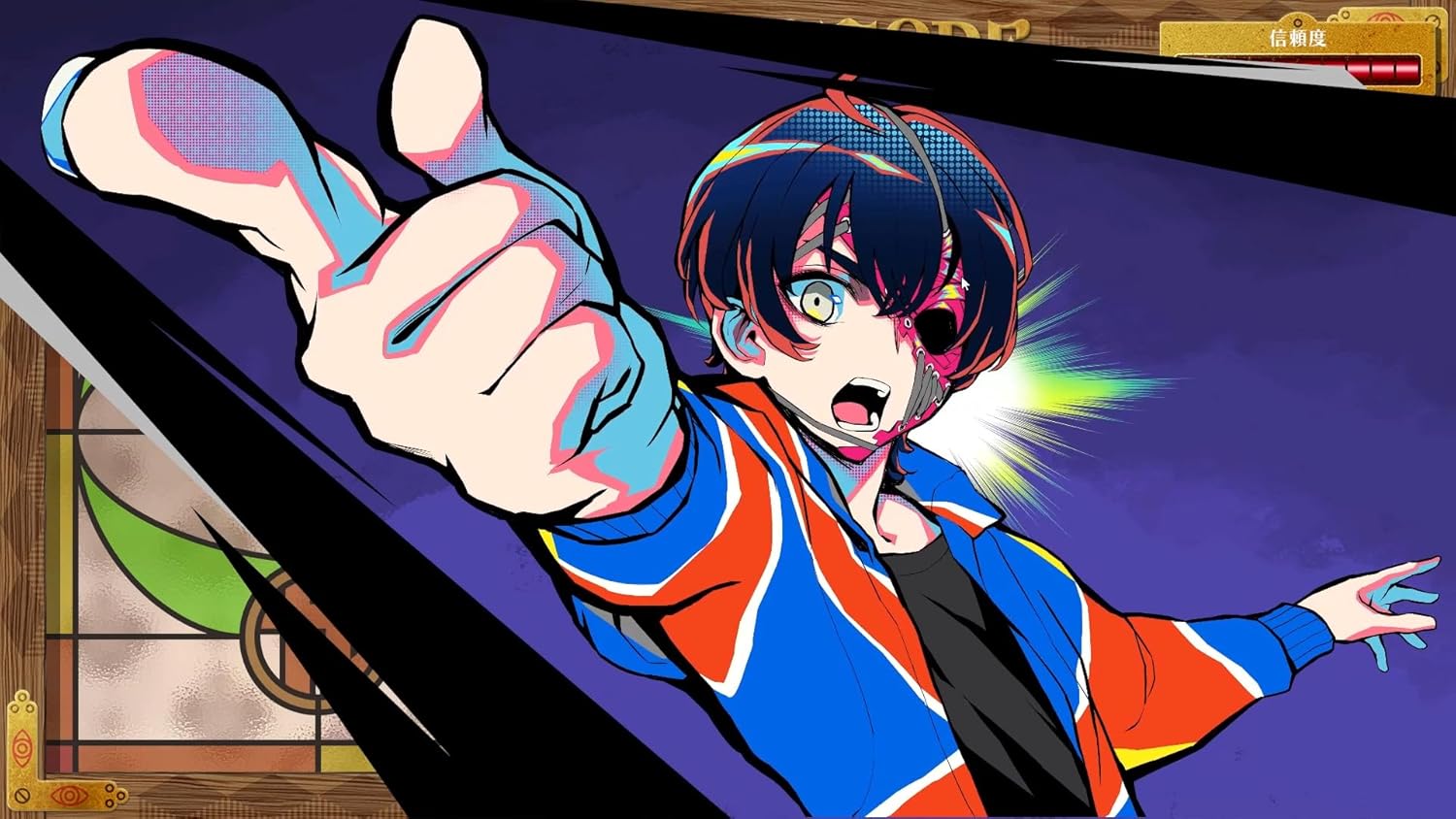 Animated character with colorful outfit and dynamic pose on a screen