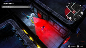 Game screen showing a character in a dark, industrial environment with red lighting.