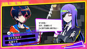 Two animated characters with colorful hairstyles in a dialogue scene, with text boxes and a gauge at the bottom.