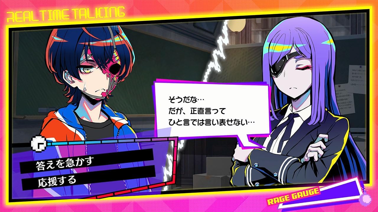 Two animated characters with colorful hairstyles in a dialogue scene, with text boxes and a gauge at the bottom.