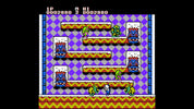 Pixelated video game screen with characters and a colorful patterned background