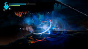 Action-packed scene from a video game with glowing effects and dark background