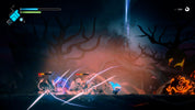 Action-packed scene from a video game with characters in a dark, eerie forest setting.