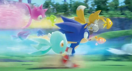 A colorful 3D-rendered scene featuring Sonic the Hedgehog running forward with several friends and pets flying or running around him in a bright outdoor-style setting.