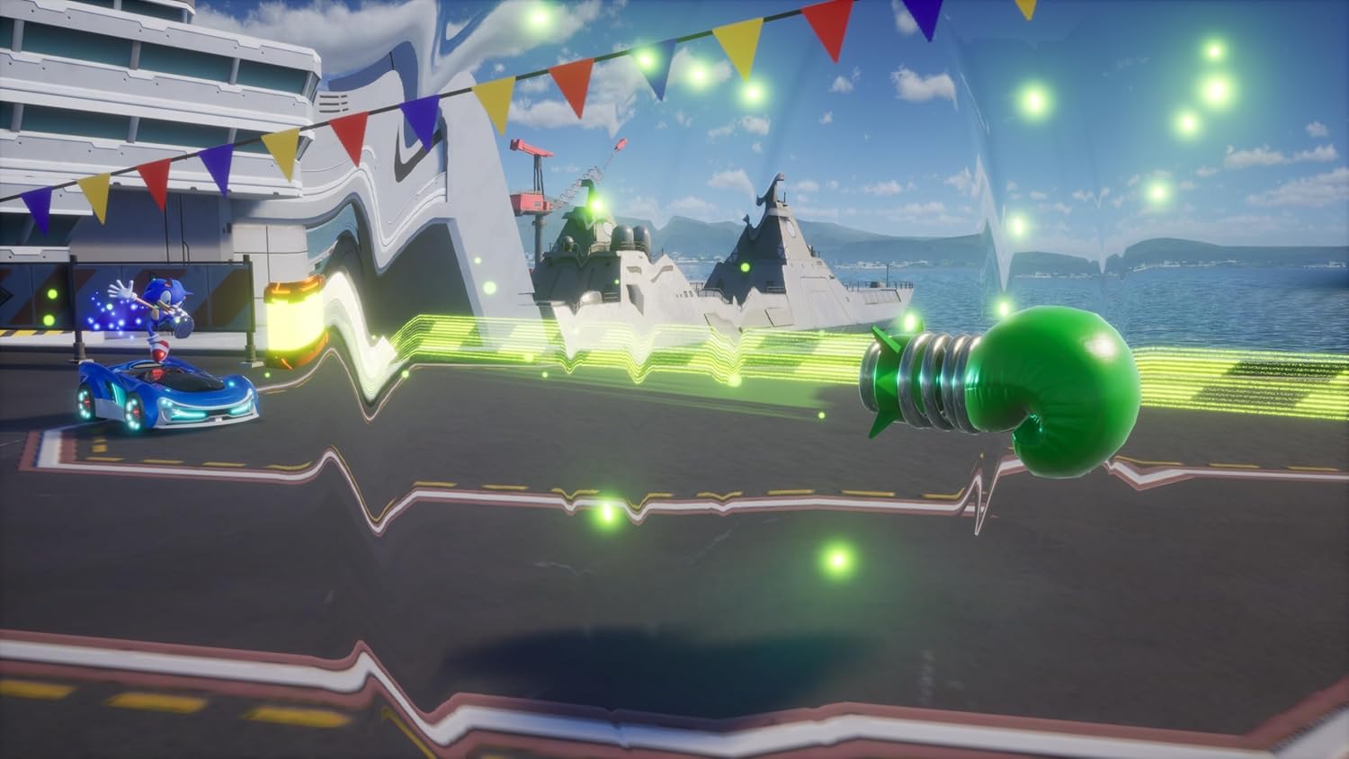 Video game scene with a green character and colorful cars on a track.