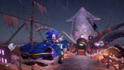 Sonic the Hedgehog in a futuristic vehicle with an alien ship in the background
