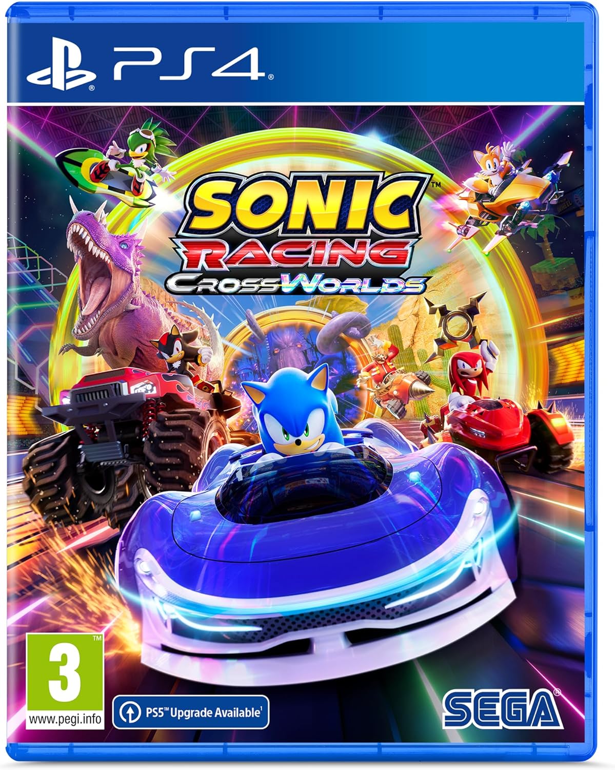 PlayStation 4 game case for 'Sonic Racing: Cross Worlds' featuring Sonic the Hedgehog.